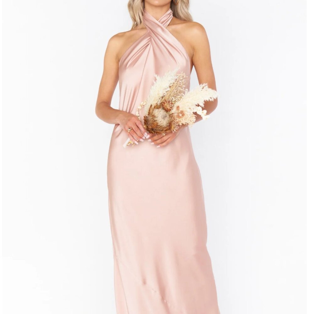 Jasmine Halter Maxi Dress Rose Gold Luxe Satin